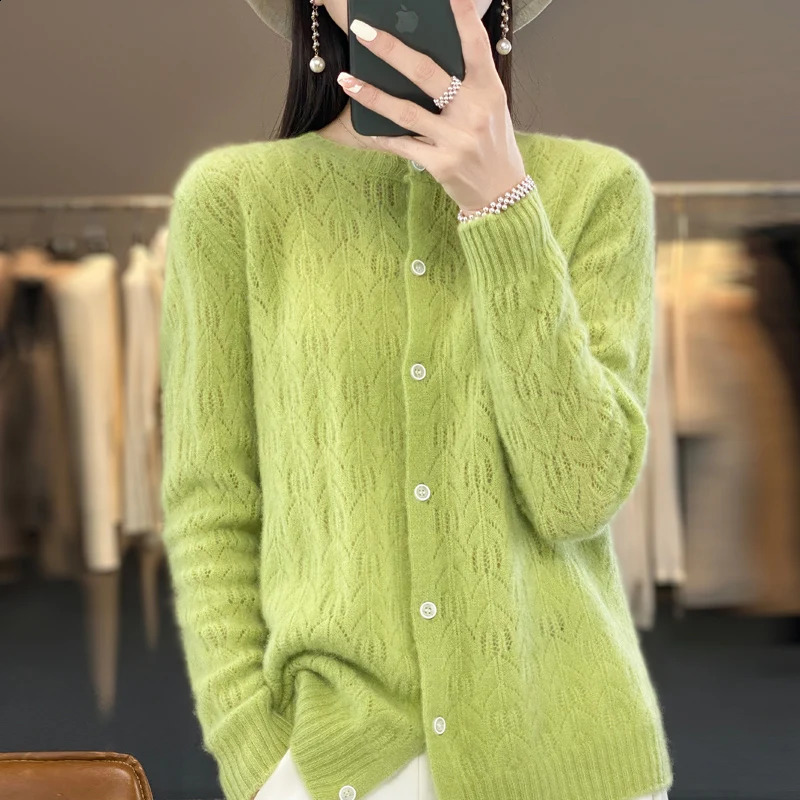 Wool Cardigan Sweater Women O-neck Long Sleeve Top Knitted Korean Style Hollow Out In Outerwear Mujer Knitwear Spring Clothe 240820