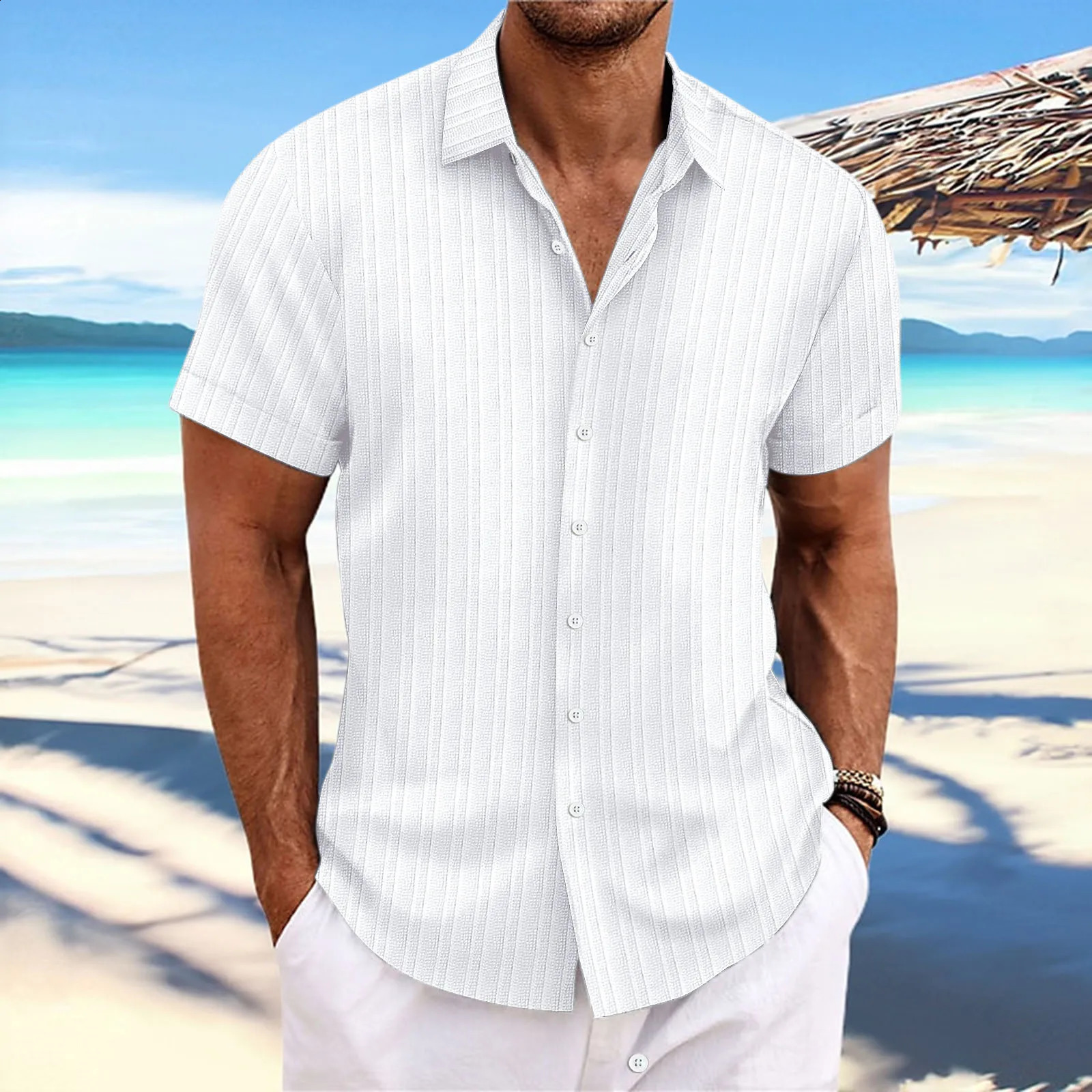 2024 Summer Mens Loose Casual Trend Solid Color Open Top Striped Jacquard Short Sleeve Shirt 240819