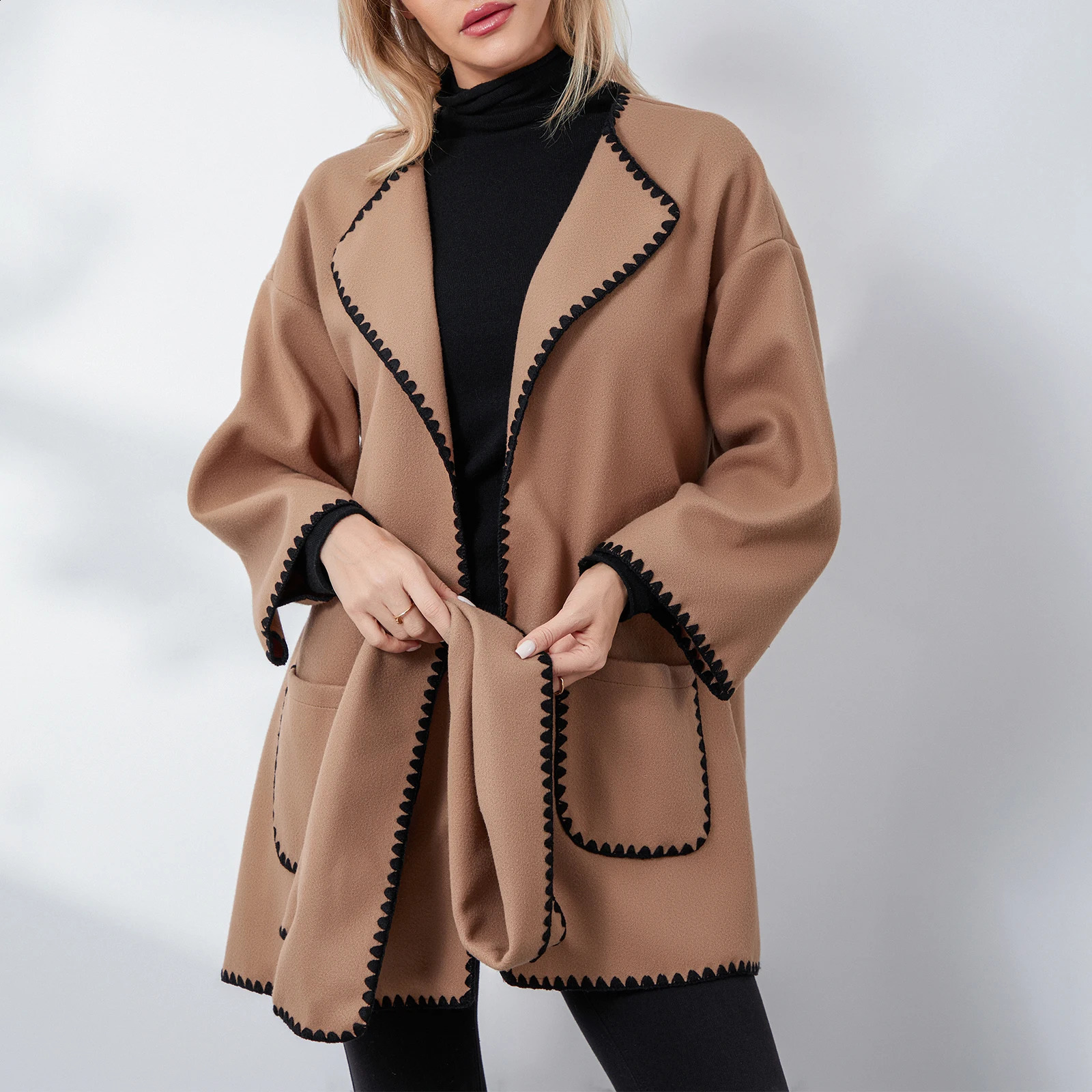 Womens autumn and winter casual loose jacket with lapel long sleeved open top cardigan cardigan ca 240819