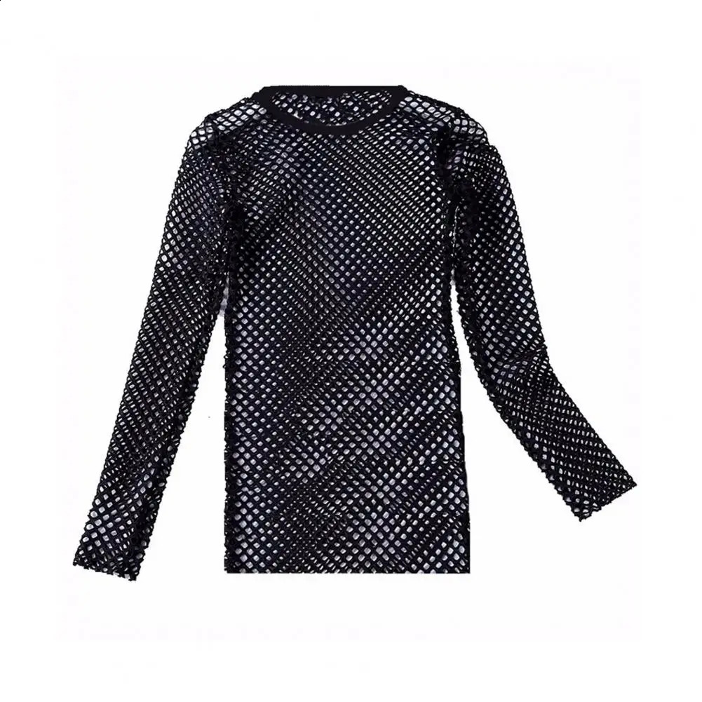 Mentide à manches longues à manches longues Hip-hop Streetwear Fishnet Hollow O Neck Fashion Latte à manches courtes Voir à travers le club 24082