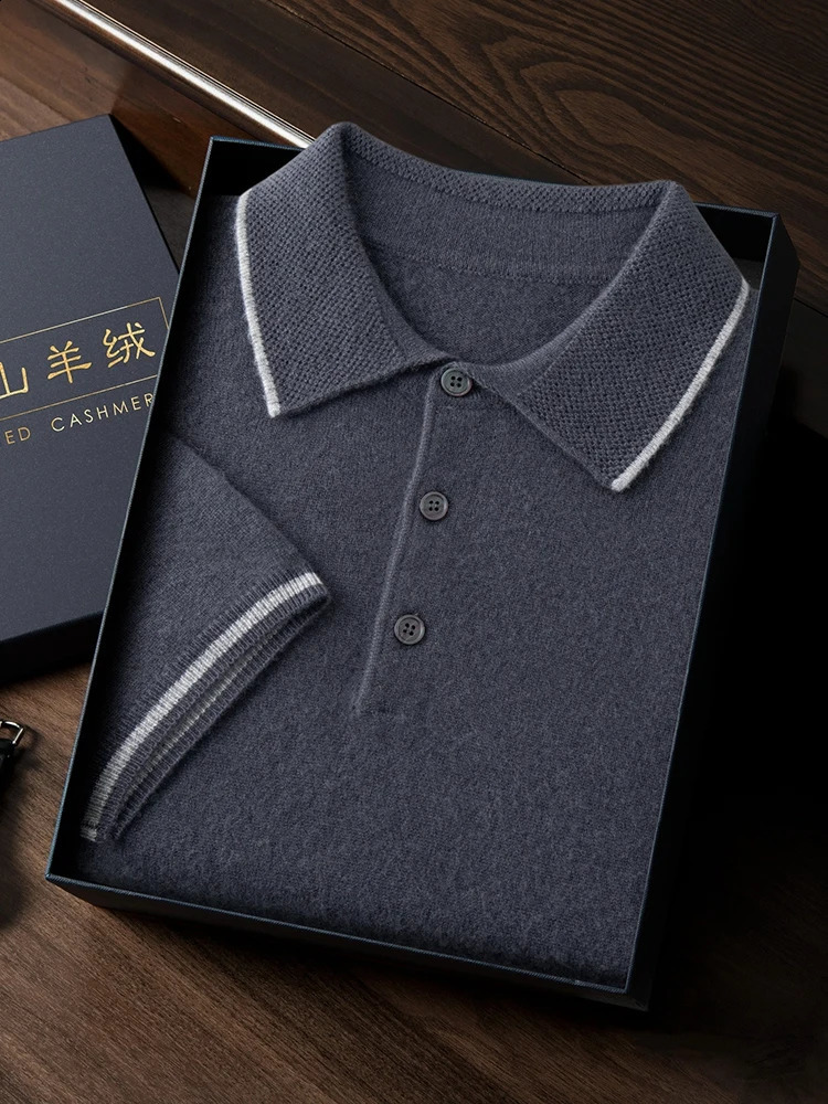 High quality mens 100% cashmere sweater for spring and summer fashion POLO collar short sleeved T-shirt for business knitting mens zipper 240820