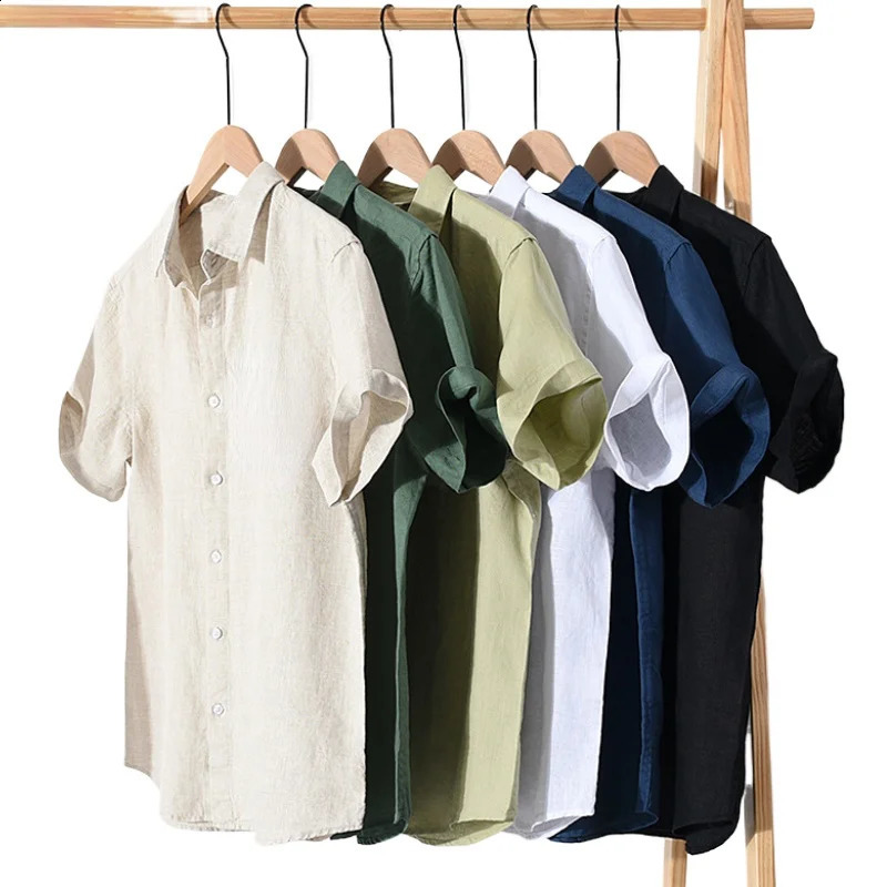 Mens summer linen cotton short sleeved comfortable solid color shirt retro casual slim fit breathable top 240819
