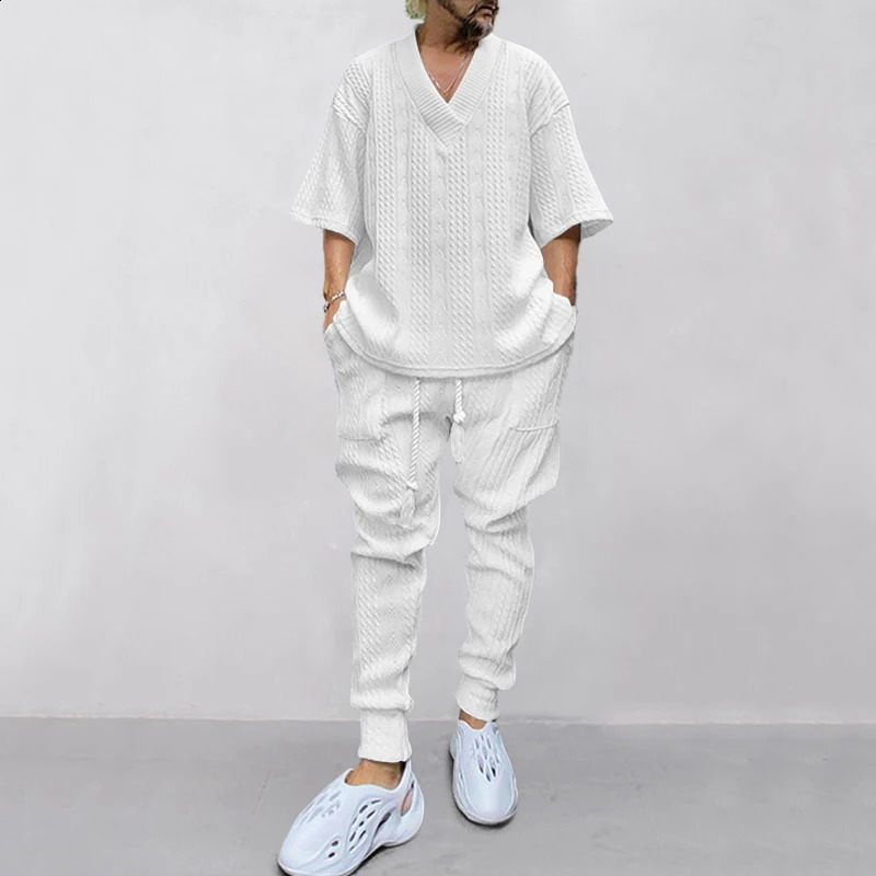 2024 Autumn Casual Loose 74 Sleeve Jacquard Knitted Shirt Top Long Pants Mens Set 240820