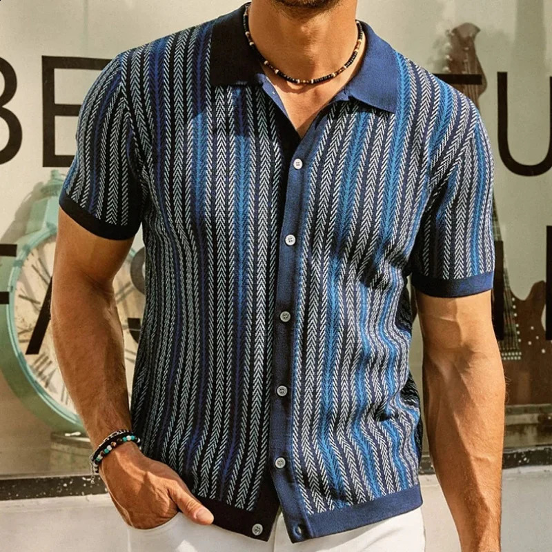 Summer mens short sleeved knitted fashionable business casual slim fit striped jacquard knitted polo shirt 240820