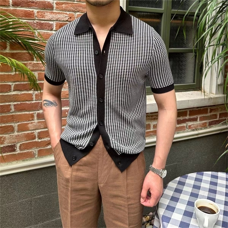 Oldyanup summer mens short sleeved knitted cardigan wool sweater fashionable plain polo shirt business casual slim fit knitted breathable 240820
