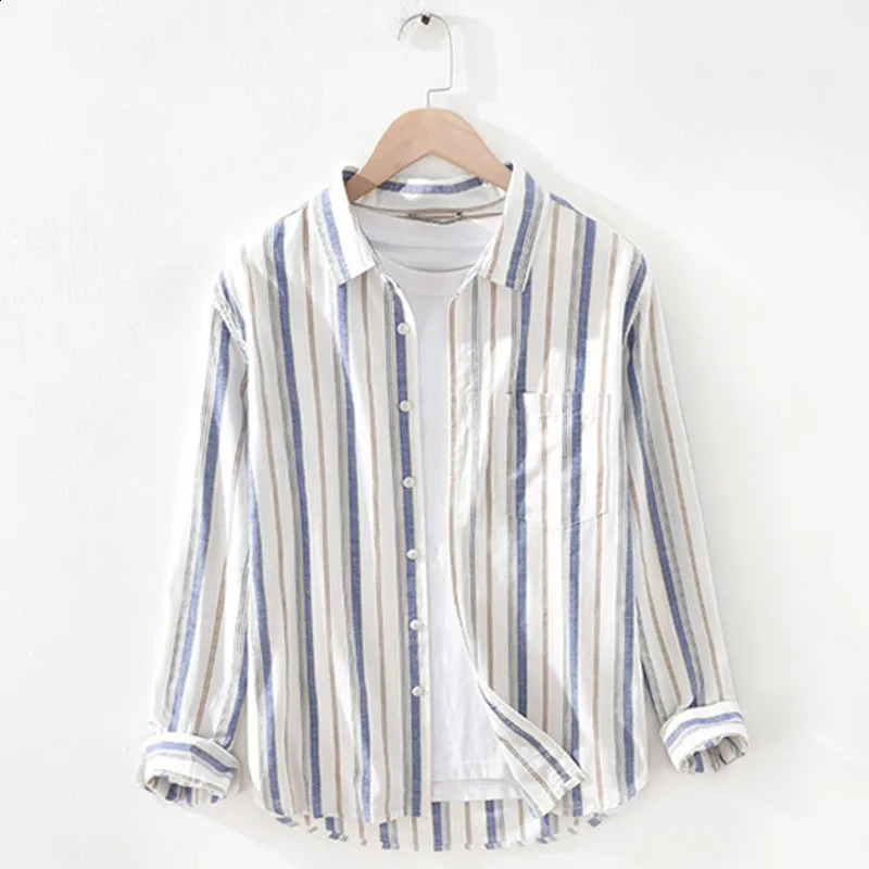Fashionable Japanese style mens linen cotton shirt casual striped long sleeved top single chest mens loose retro casual shirt 240819