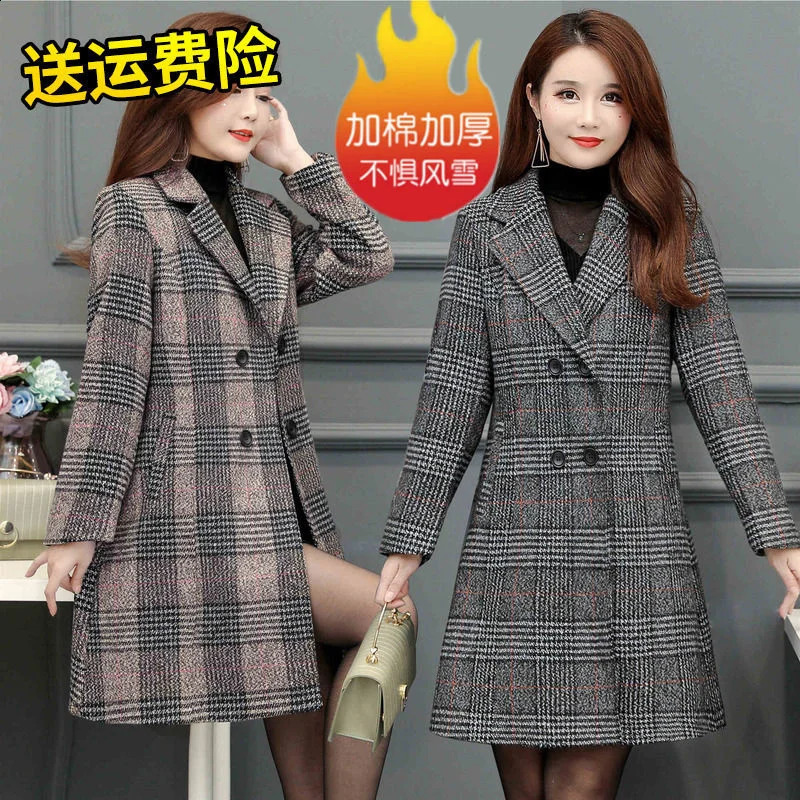 Velvet Woolen Coat Womens Mid-Lnng Slim-Fit Plaid Trench Coat Korean Version Autumn And Winter Fleece Plaid Woolen Jacket 240820