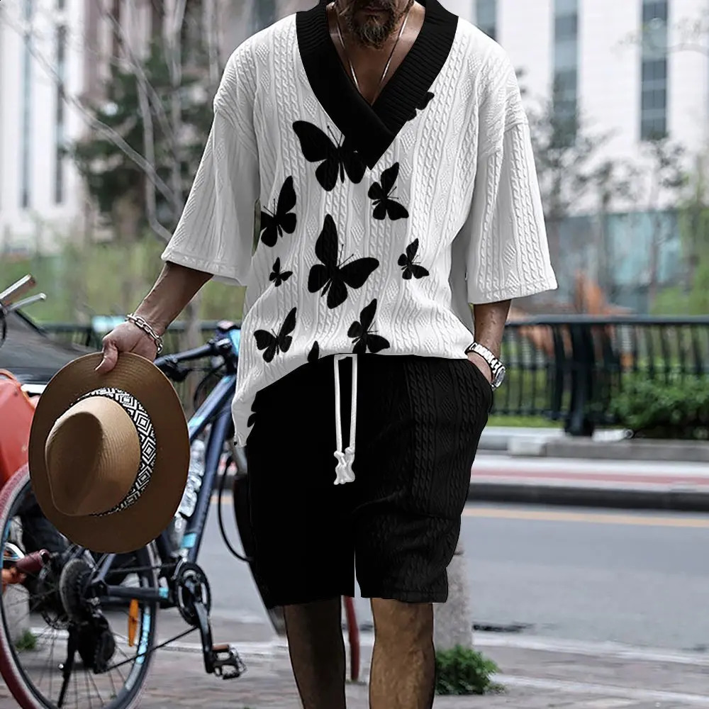 2024 Summer 3D Imprimer la taille lâche style décontracté plus Vneck Knit Mens Suit Tshirt Shorts Twopiece Set Y240820