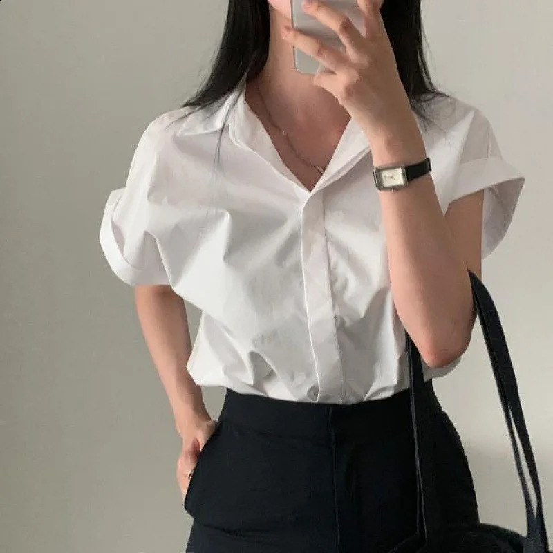 Casual V-neck solid shirt for office ladies in spring and summer fashionable and elegant short sleeved slim fit womens shirt 2024 white top 24082