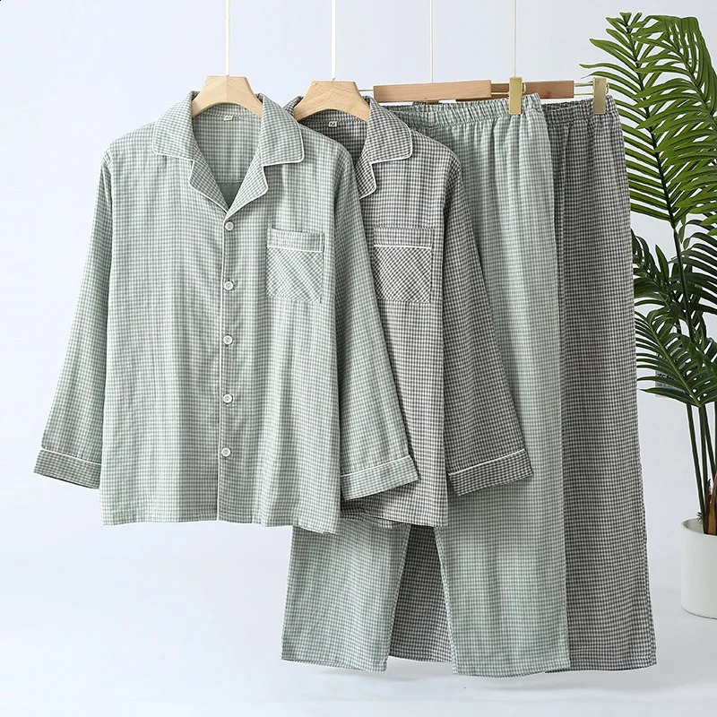 Spring / Autumn Pure Cotton Double Layer Cotton Yarn Mens Pajamas Small Plaid Printed Thin Long Sleeved Trousers Pajama Set 240819