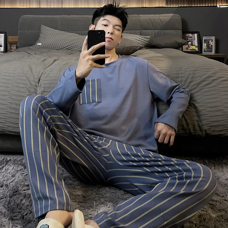 Cotton Men Pajama Long Sleepwear Elegant Male Big Size Pijama Hombre Nightwear Striped Loungewear pajamas for men Dropship 240819