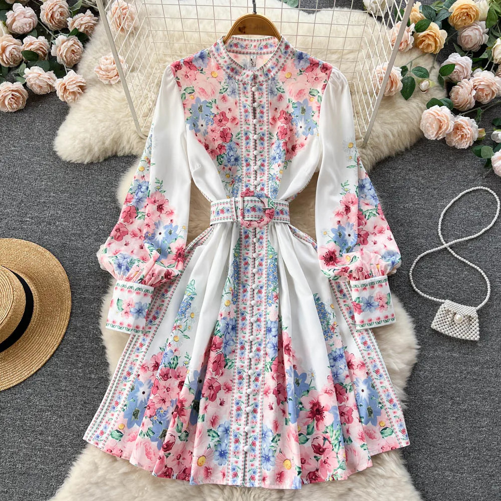 Vintage Print Elegant Stand Collar Single Breasted Lantern Long Sleeve Dress A-line Casual Women Fashion Summer Spring Vestidos 240819