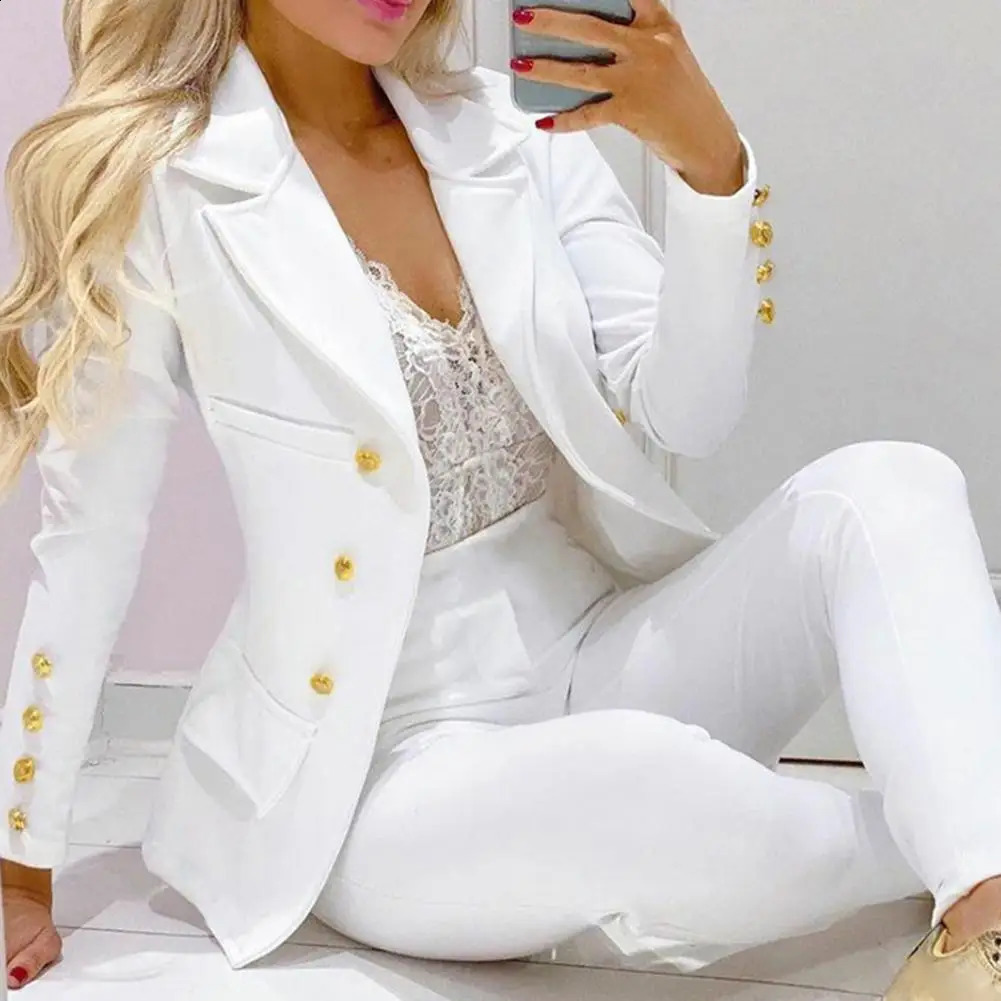 1/2 pcs / ensemble Fabuleux Femmes formelles Suit long Pantalon Pantalon Forme Suit Cardigan Couleur solide Blazer à manches longues Suit Slim 24