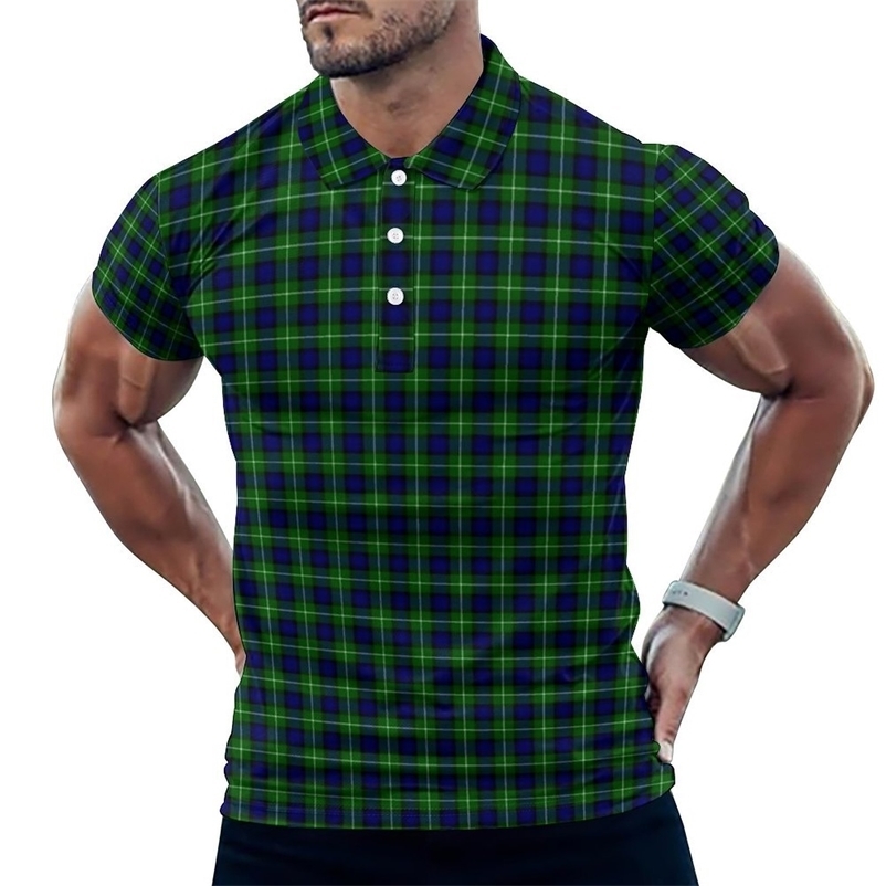 Blue Green Plaid Polo Shirt Man Check Print Casual Day Street Style TurnDown Collar TShirts Short Sleeve Oversize Tops y240819