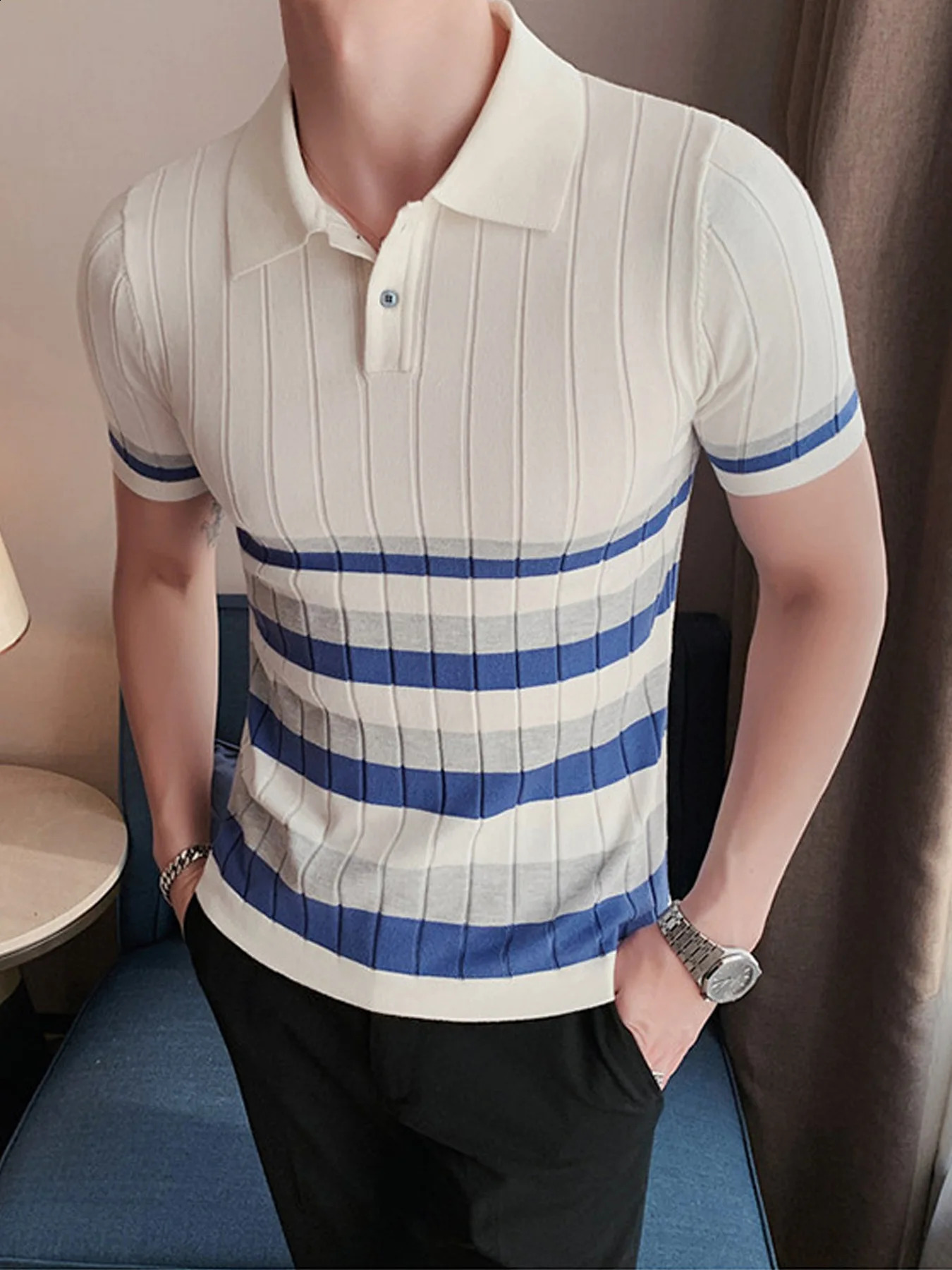 Mens short sleeved knitted sweater striped contrast polo neck summer comfortable breathable T-shirt casual necklace 240820