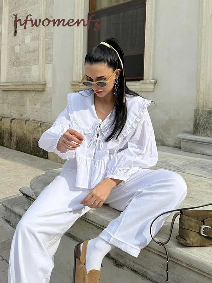 Fashion lace pleated womens shirt lantern sleeves white womens streetwear loose fit 2024 spring/summer collar elegant womens top 240820