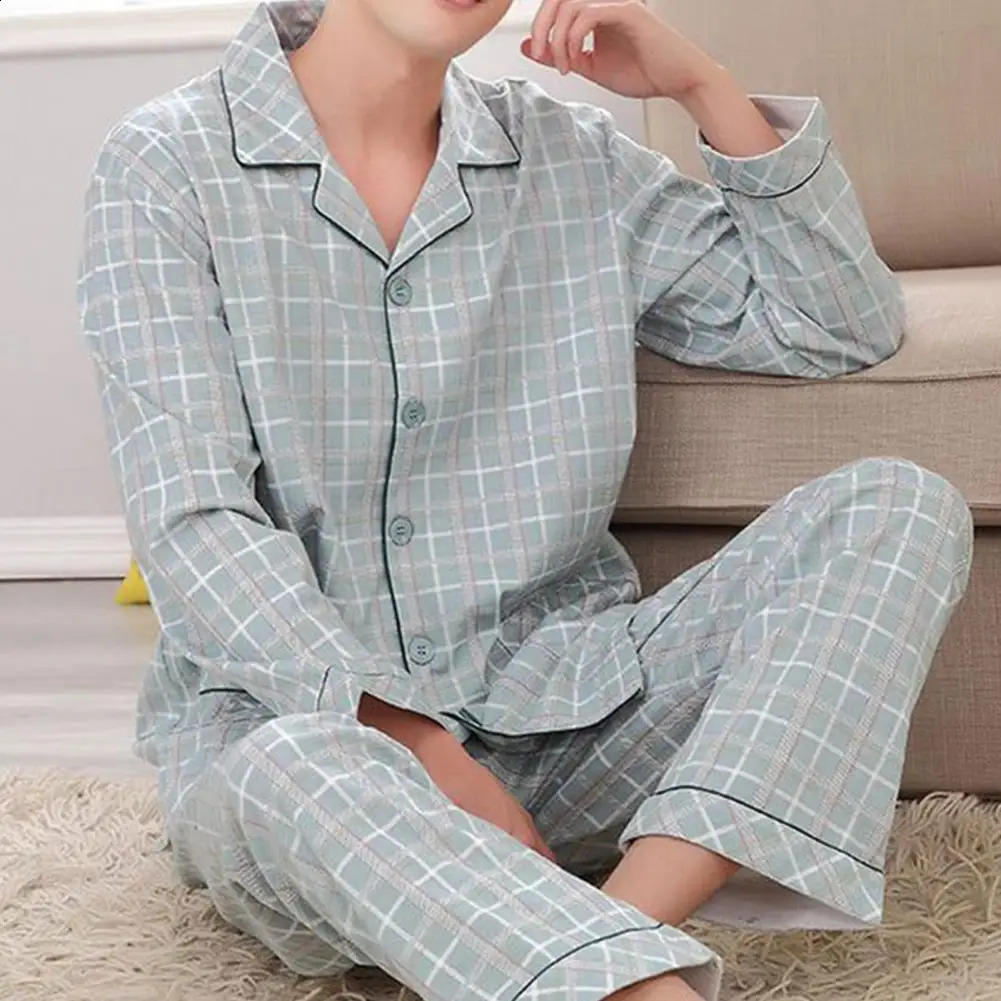 Cotton Mens Cardigan Sleepwear Autumn Spring Long Sleeves Nightwear 2 Pieces Pajamas Set Male Over Size 3XL Homewear 240819