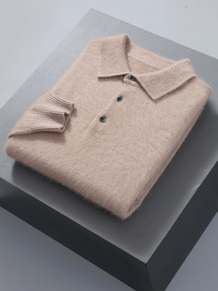 Pullage de cou de polo pour hommes avec 100% de vison de vison et de vêtements à manches longues à manches longues à manches longues et à manches