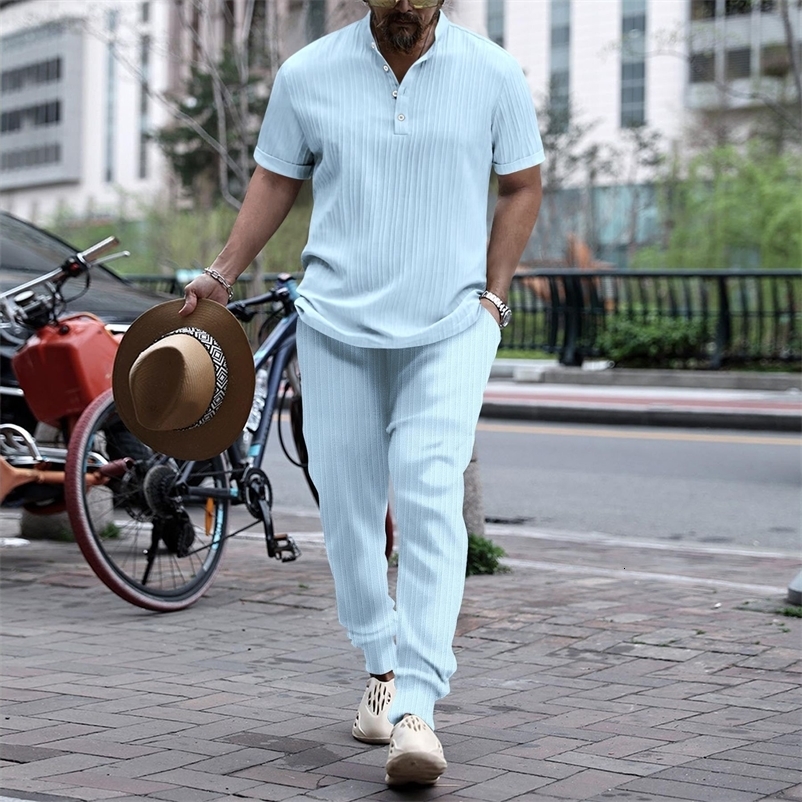 2024 Spring And Autumn Mens Standup Collar Shirt Striped Casual ShortSleeved Fashion Street Pants Suit y240819