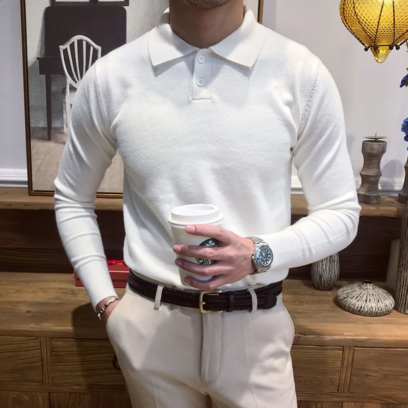 Business Polo Collar Knitted Mens Autumn Button Long Sleeve Knitted Polo Shirt Mens Spring Retro Ultra Thin Floral Knitted 240820