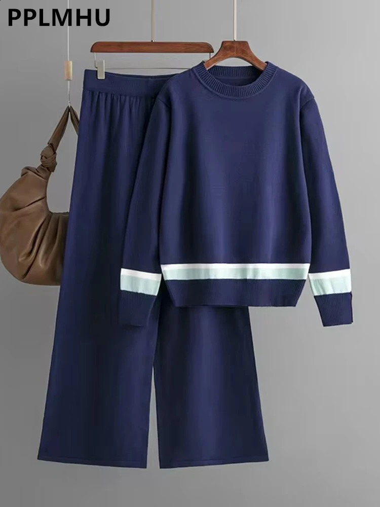 Fall Winter Knitted 2 Piece Sets Women O-neck Split Knit Sweater Pullover Tops Conjuntos Casual High Waist Sweatpants Outfit 240819