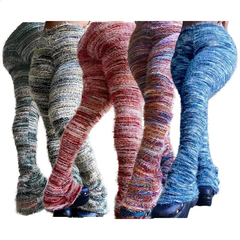 Knitted plush striped pants Y2K streetwear winter fashion high waist long leg casual stacking flash pants party club uniform 240819