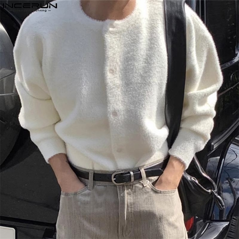 INCERUN Tops 2024 South Korean Mens Solid O-Neck Loose Floral Fashion Simple Knitted Cardigan Long Sleeve Sweater S-5XL 240820 ww