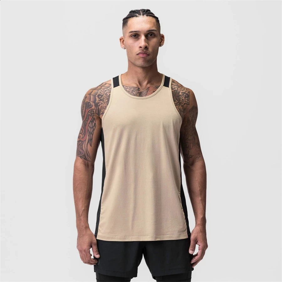2023 Men Tank top Gym Mesh splice Workout Fitness Bodybuilding sleeveless shirt clothing Sports Singlet vest men Undershirt 240819Z