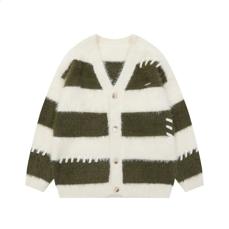 Contrasting Striped V-neck Mens Sweater Casual Loose Fashion Single Breasted Cardigan Couple Street Hip-hop Harajuku Coat Ropa 240819