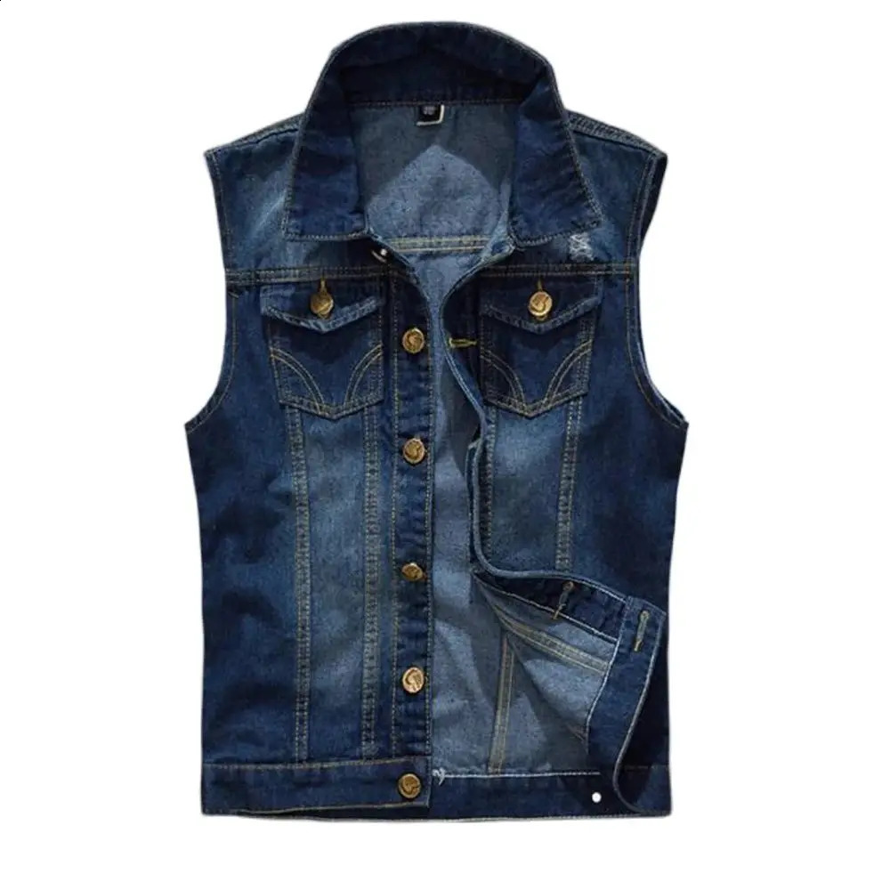 mens gold-plated denim vest torn jeans 6XL denim vest jacket outerwear sleeveless jacket mens tank mens jacket 240819
