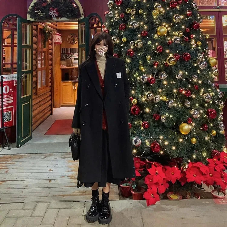 Hebon Woolenovercoat Womens Loose-fit Korean Style Medium-length Thickened Black Winter Knee-length Wool Jacket 240820