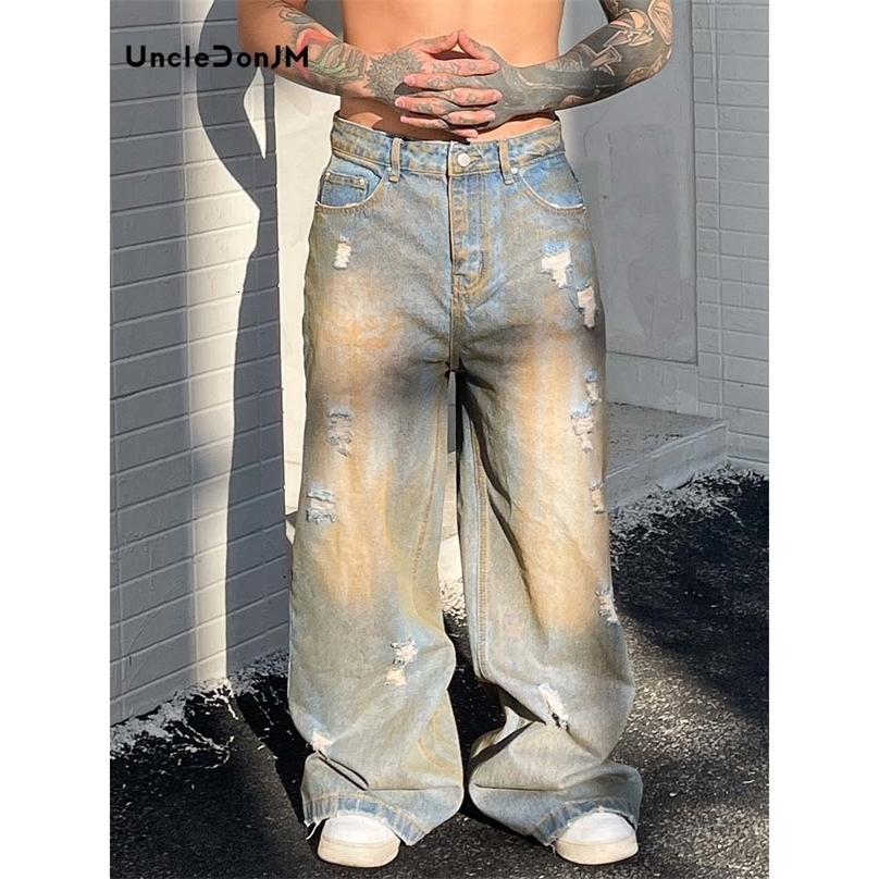 Teared jeans streetwear Y2k mens jeans hip-hop Distressed retro jeans 240819