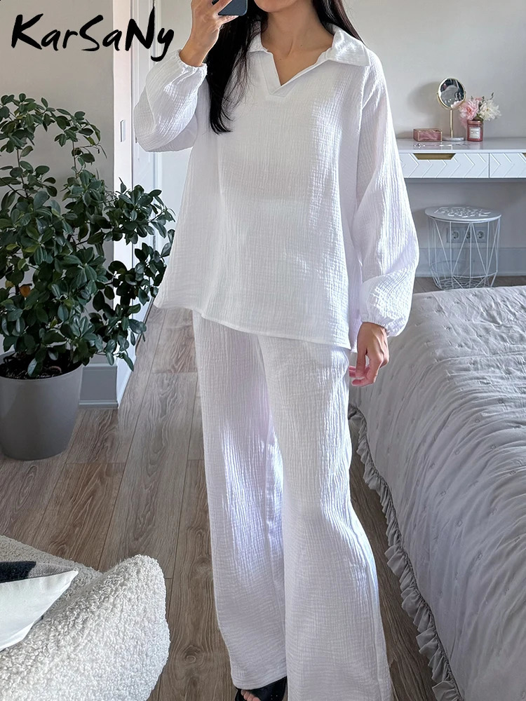 Karsany Cotton Surdimensit des ensembles de deux pièces pour femmes chemises et pantalons lâches Elegant Casual White Ladies costumes pantalons f