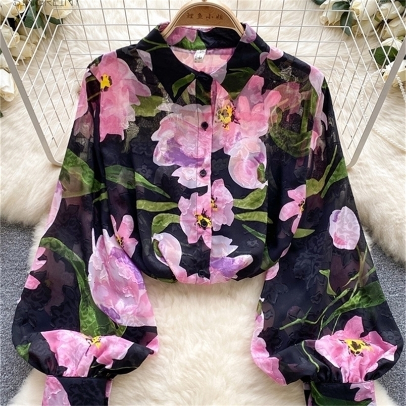 Singreiny floral print womens summer lantern sleeves retro thin French style loose fitting womens elegant and fashionable casual chic shirt 240820 w