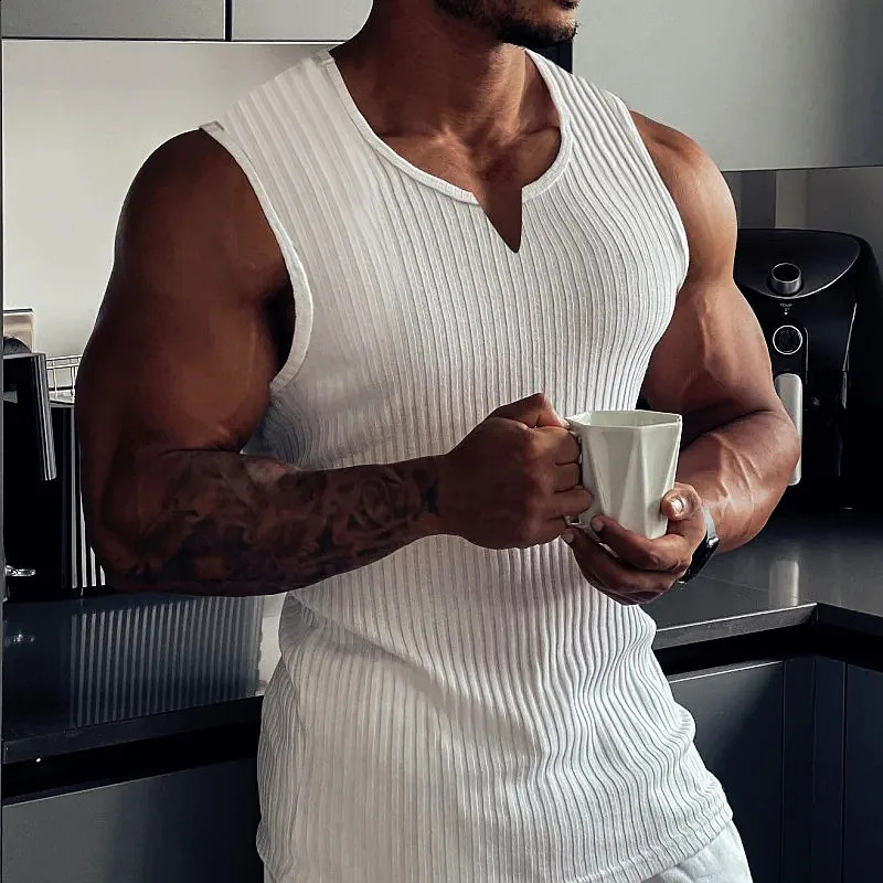 2024 Summer men Vneck Vest stripe gym Tank top Mens Fitness sleeveless shirt Sports Undershirt Gyms clothing Training vest 240819