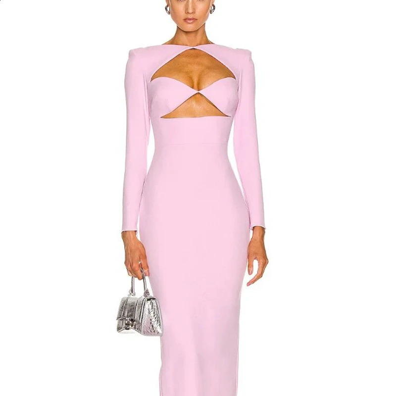Womens Long Sleeve Hollow Out Bandage Dress Sexy Split Mid Black Bodycon Autumn Elegant Club Evening Party Dresses 250808