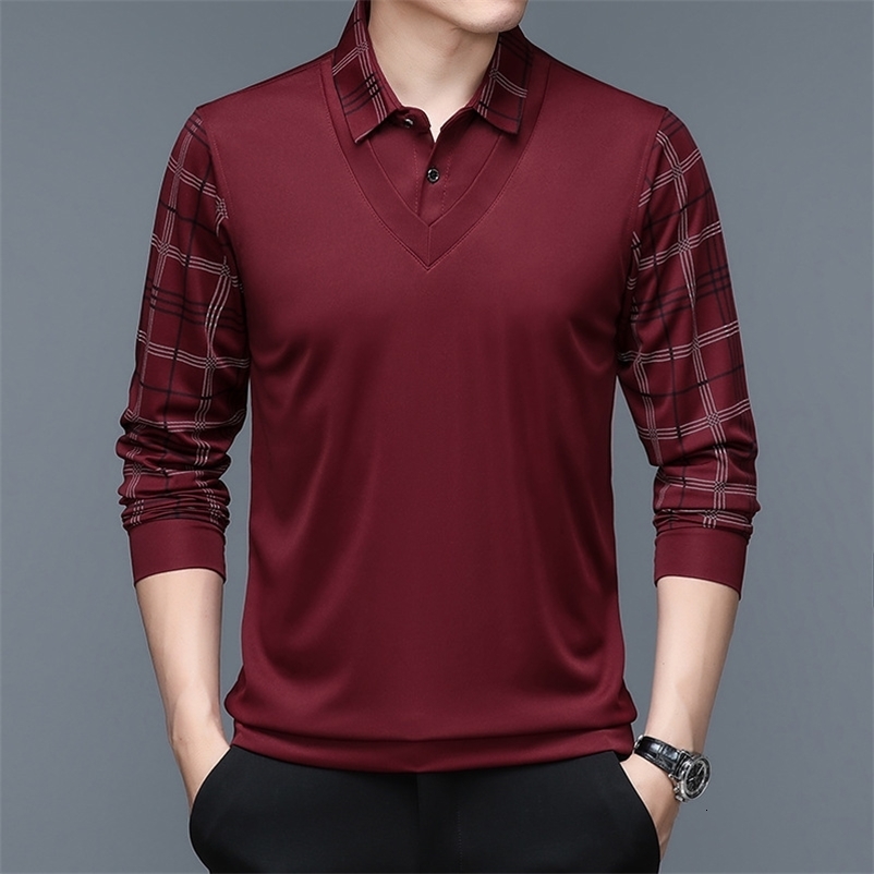 Spring Autumn Mens Pullover Turndown Collar Solid Plaid Panel Striped Long Sleeve Tshirt Polo Bottom Casual Formal Tops y240819