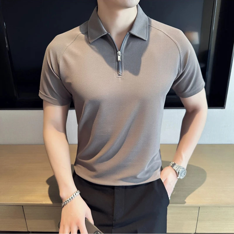Polo de gaufre élastique élevé Men Hommes à manches courtes Slim Casual Tshirts Tapitre Business TOE TOE TOPS Vêtements 240819