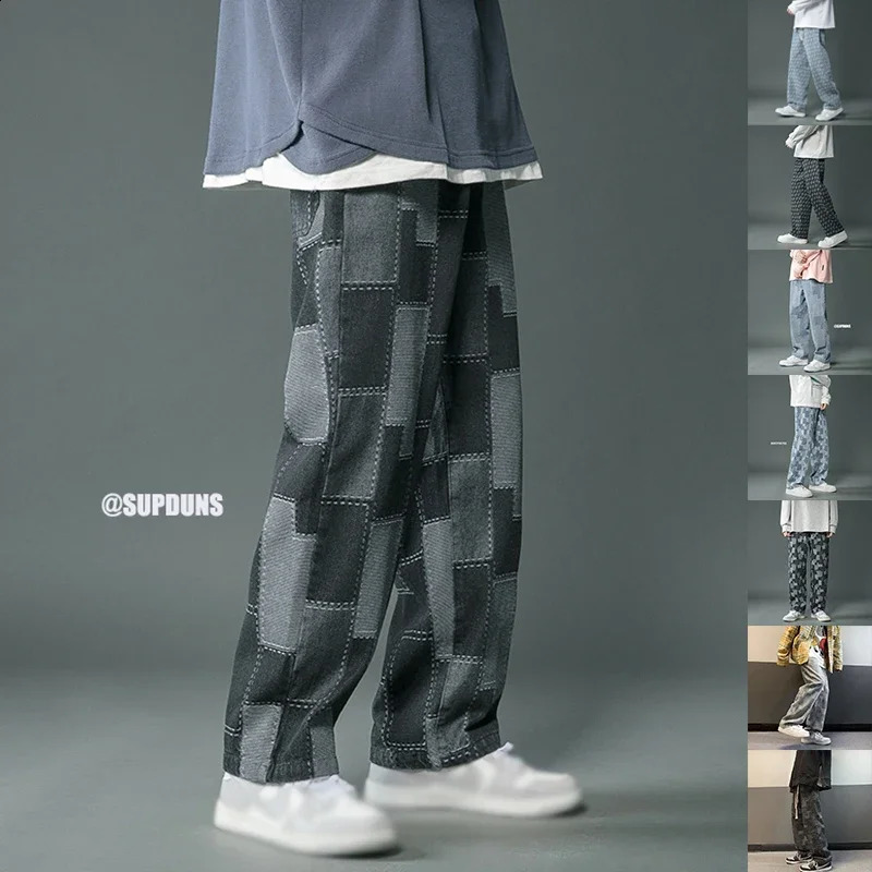Simple mens casual plain jeans streetwear embroidered denim pants mens loose straight classic wide leg retro Trouser 240819