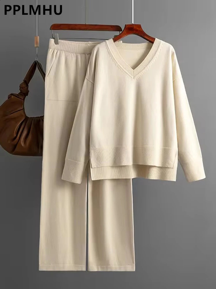 Fall Winter Loose Knit 2 Piece Sets Women V-neck Sweater Pullover Split Tops Conjuntos Casual High Waist Pants Outfit 240819