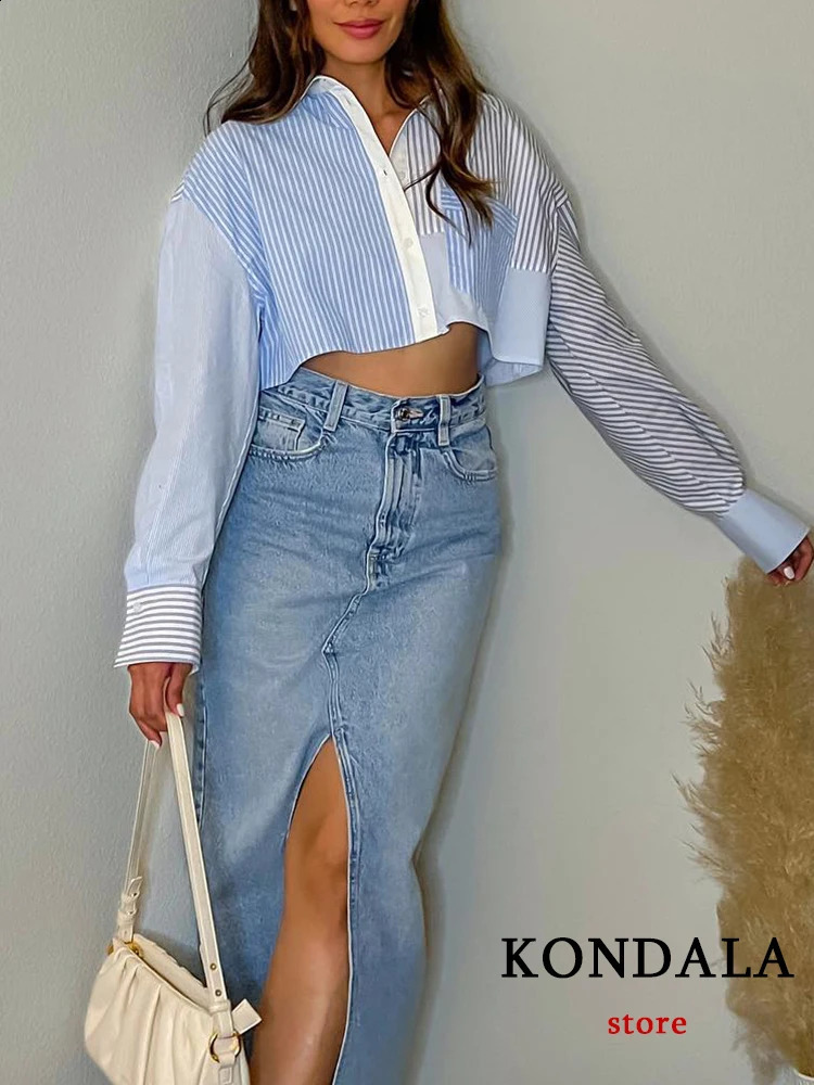 Kondala retro striped casual long sleeved pocket button womens shirt fashionable summer loose fashion patch work shirt 240820