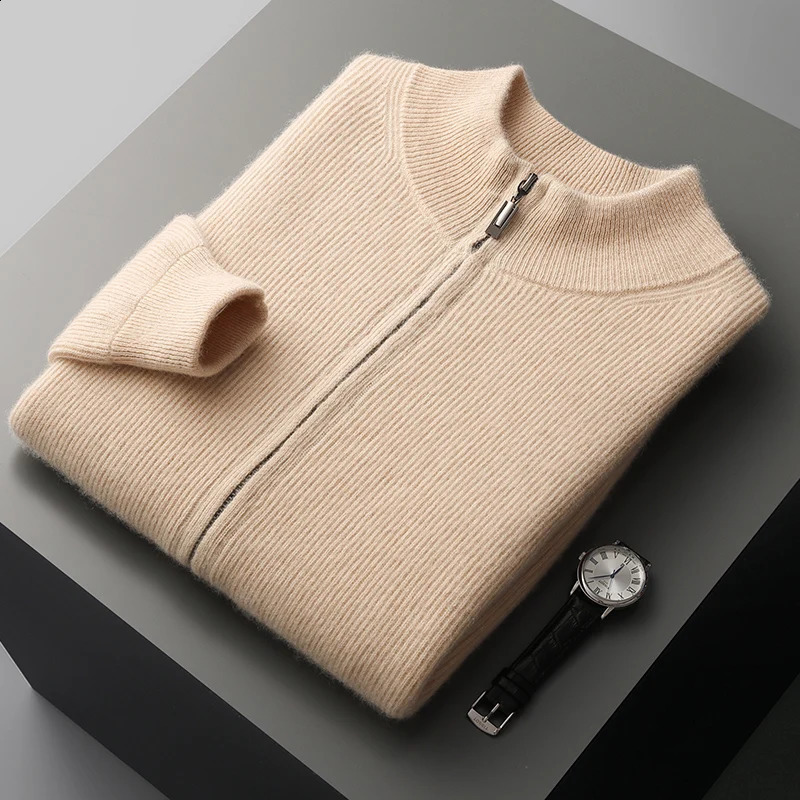 Autumn and Winter 100% Pure Wool Mens Stand Collar Thickened Cardigan Cashmere Sweater Casual Knitted Large Size Tops 240819