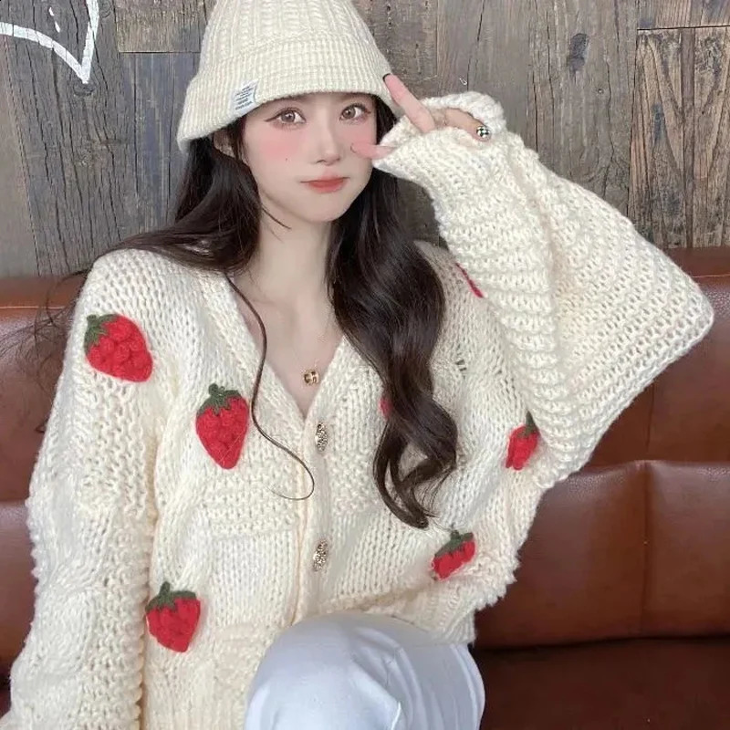 MEXZT Women Harajuku Strawberry Loose Cardigan Sweater Fall Fashion Long Sleeve Korean Tops Chic Female Preppy Style Y2k Sweater 240820