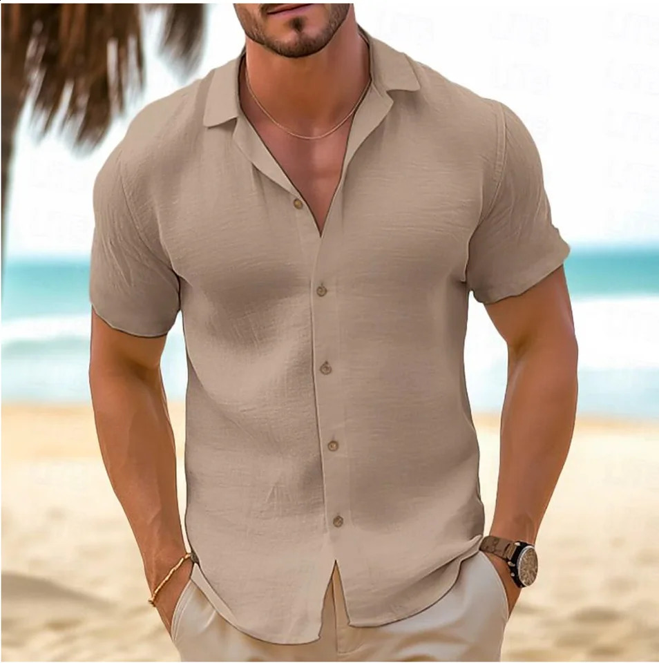 Mens button up summer shirt beach shirt black and white pink khaki short sleeved plain collar casual daily wear 240819