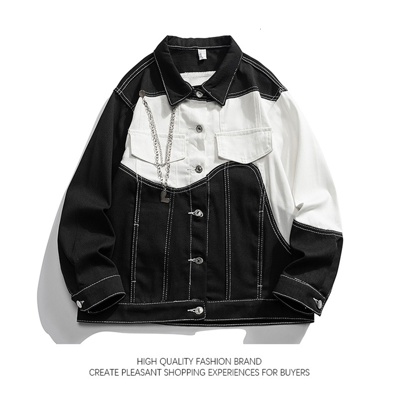 Colorblocking Denim Jacket 2023 Autumn Winter Black White Lapel Jeans Coat Mens Personalized Street Motorcycle Cargo y240819