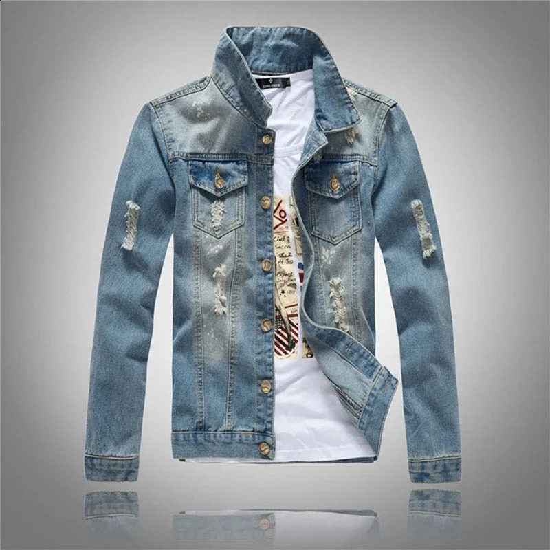 Mens Denim Jacket Korean Style Trendy Mind Blue Hole Coat Jeans Large Size Lightcolored 240819