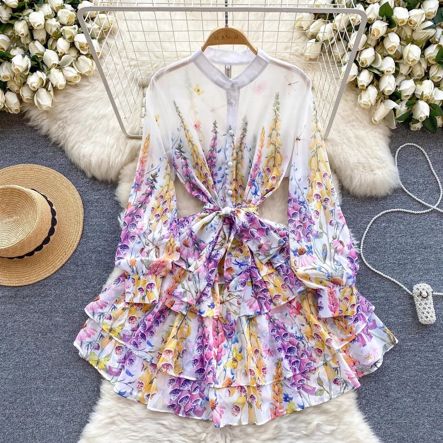 Piste d'été Magnifique fleur en mousseline de soie volonnes mini robe femme stand couche lanterne manche florale imprimé boho robe vestidos 6250