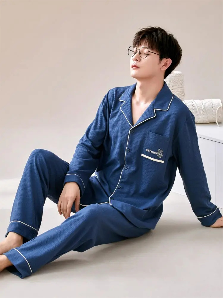 Mens cotton pajamas Spring and Autumn warm underwear Blue homewear casual comfortable suit Mens gifts Couples Qanscoco 240819