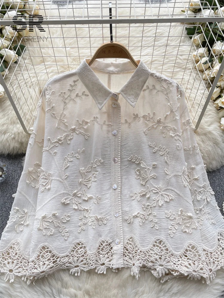 Singreiny Embroidered Loose Shirt Womens Elegant Retro Solid Collar Long Sleeve High Quality Womens Summer Fashion Shirt 240820