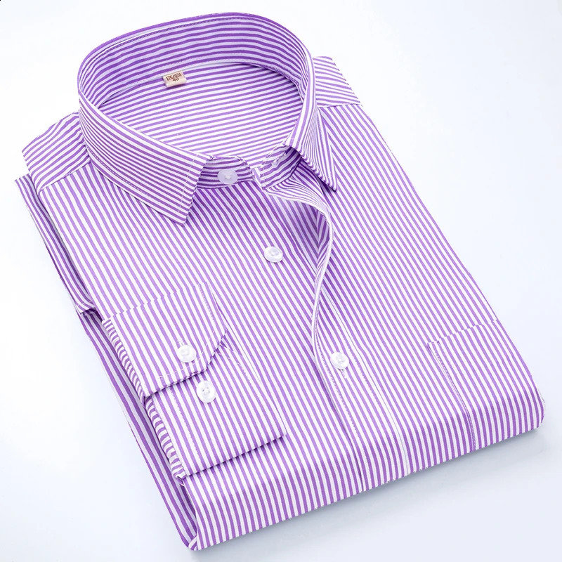 Mens Classic Long Sleeve Solid Striped Basic Dress Shirts Single Patch Pocket Formal Business Standard Fit Office Social Shirt 240820